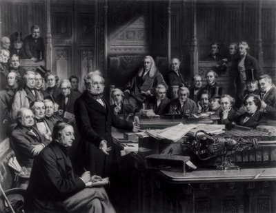 Dolní sněmovna v roce 1860: Lord Palmerston promluví ve sněmovně během rozpravy o smlouvě s Francií, vyryto Falknerem, 1863 (viz také 42219 a 107821) od John Phillip