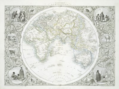 Východní polokoule, ze série map světa vydaných Johnem Tallis und Co., New York und London, 50. léta 19. století od John Rapkin