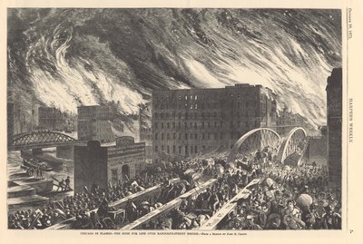 Chicago v plamenech – spěch o život přes most Randolph Street, ilustrace z Harpers Weekly, 1871 od John Reuben after Chapin
