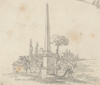 Obelisk se střechami a stromy v dálce od John Robert Cozens