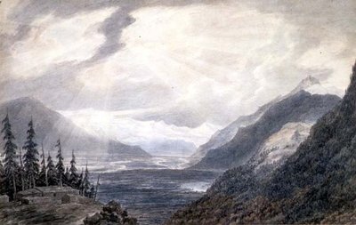 PD.6-1965 Pays de Valais, poblíž Ženevského jezera, kolem roku 1776 (indický inkoust, tužka a pero na papíře) od John Robert Cozens