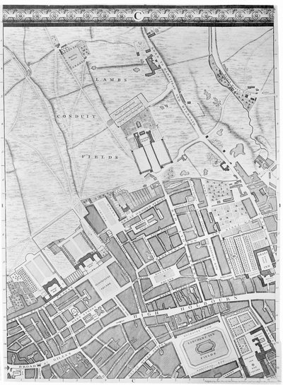 Mapa Bloomsbury a Holborn, Londýn, 1746 od John Rocque