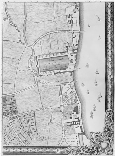 Mapa Dolních Rotherhithe Docks, Londýn, 1746 (rytina) od John Rocque