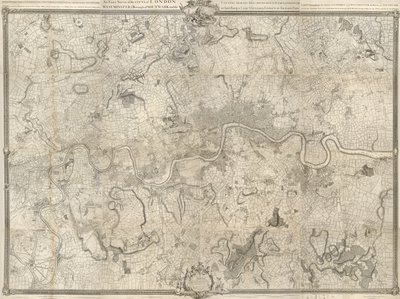Mapa Londýna z 18. století. Přesný průzkum města Londýn, Westminster ye Borough of Southwark a země v okolí deseti mil začal v roce 1741 a skončil v roce 1745 / geodetem Johnem Rocquem a (vyryto Richardem Parrem). od John Rocque
