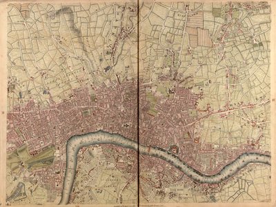 "Přesný přehled měst Londýna a Westminsteru, čtvrti Southwark a krajiny v okolí deseti mil", asi 1746 (rytina) od John Rocque