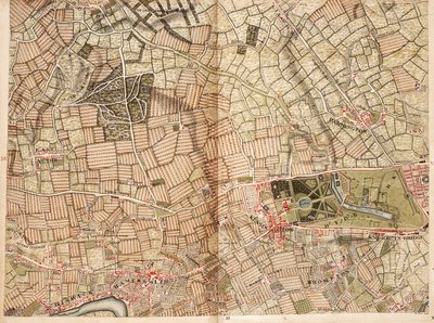 Mapa Actonu, Paddingtonu, Hyde Parku a Kensingtonu od John Rocque