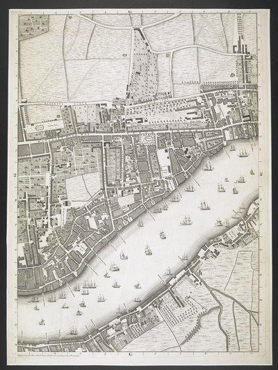 Plán Londýna, dálnice Ratcliff, silnice Upper Shadwell,  Plán měst Londýna a Westminsteru a čtvrti Southwark; : se sousedními budovami; Ze skutečného průzkumu / pořízeného JOHN ROCQUE, Land-Surveyor, a Engraved by John Pine,  J od John Rocque
