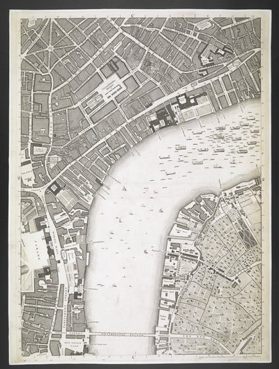 Plán Londýna, Strand, Westminsterský most,  Plán měst Londýna a Westminsteru a čtvrti Southwark; : se sousedními budovami; Ze skutečného průzkumu / pořízeného JOHN ROCQUE, Land-Surveyor, a Engraved by John Pine,  John Rocq od John Rocque