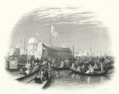 Svatba moře. Člun dóžete a gondoly na vodě v Benátkách (rytina) od John Rogers (after) Herbert