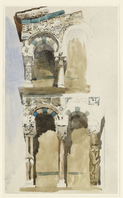 Část fasády zničeného kostela San Michele in Foro, Lucca, barevná skica, 30. června - 1. července 1846 (akvarel na grafitovém papíře) od John Ruskin