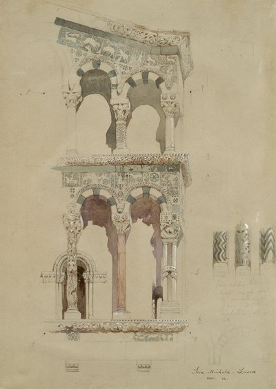 Část fasády zničeného kostela San Michele in Foro, Lucca, jak se zdálo v roce 1845, Ma od John Ruskin