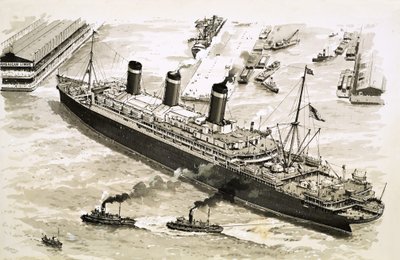 Parník Leviathan je vlečnými loděmi přiváděn k molu v newyorském přístavu. od John S. Smith