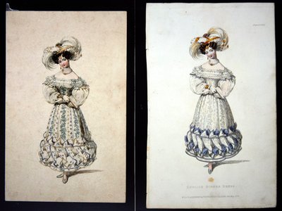 Skica a tisk módního talíře, cca 1829 (tužka a akvarel na papíře a ručně kolorovaná rytina) od John Samuel Agar