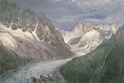 Pohled na Mer de Glace s Aiguille du Moine vlevo a Grandes Jorasses v dálce vpravo, 19. století od John Scandrett Harford