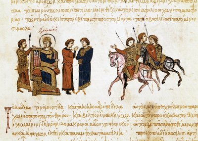 Korunovace byzantského císaře Leona V. Arménského (775-820), miniatura z "Synopsis historiarum", kolem 1126-1150 od John Scylitzes