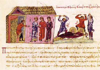 Mniši Saint Theophanes Vyznavač (asi 759-818) a Saint Theodore Studite (759-826) bičovali na příkaz císaře Theophila, miniatura ze "Synopsis historiarum", asi 1126-1150 od John Scylitzes