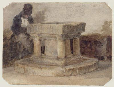 Font of New Shoreham Church, West Sussex, s umělcem Williamem Scottem z Brightonu? od John Sell (style of) Cotman