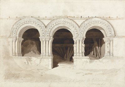 Arches in the West Side of the Cloister of St. Georges de Boscherville, near Rouen, Normandie, c.1818 (graphite, brown wash and per and inkoust on paper on card) (viz 172543) od John Sell Cotman