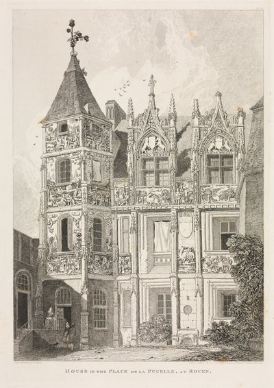 Architectural Antiquities of Normandie Vol. II, Pl. 64: Dům na Place de la Pucelle, v Rouen, od John Sell Cotman