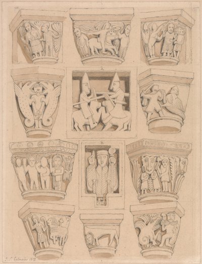 Kapitály a reliéfy A & B v opatském kostele Saint Georges de Bocherville u Rouenu, Normandie od John Sell Cotman