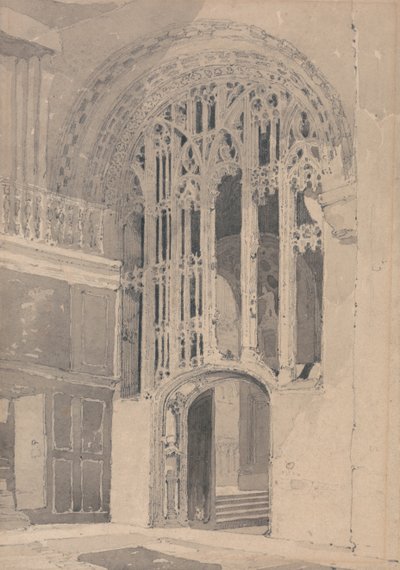 Interiér norwichské katedrály: Dveře a zástěna mezi jižním transeptem a uličkou presbytáře od John Sell Cotman