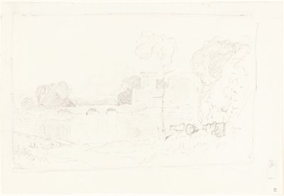 Skica krajiny s mostem a hradem od John Sell Cotman