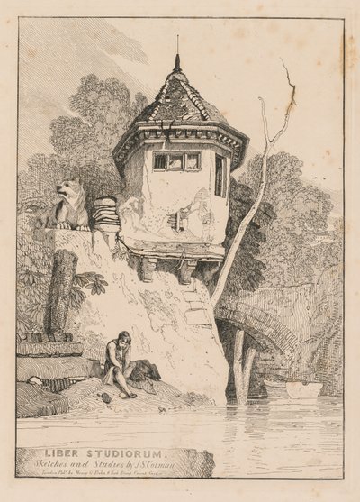 Liber Studiorum; Frontispiece, Pohled na zahradní dům na břehu řeky Yare od John Sell Cotman