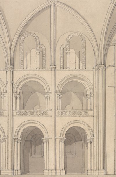 Perspektivní vyvýšení části opatského kostela svatého Štěpána v Caen, Normandie od John Sell Cotman
