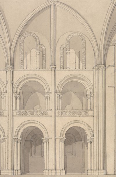 Perspektivní pohled na část opatství Saint-Étienne v Caen, Normandie od John Sell Cotman
