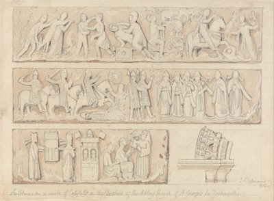 Sochařská výzdoba na souboru hlavic v křížové chodbě opatského kostela Saint Georges de Bocherville u Rouenu v Normandii od John Sell Cotman