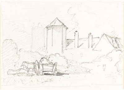 Náčrt budov s vozíkem a koňmi v popředí od John Sell Cotman