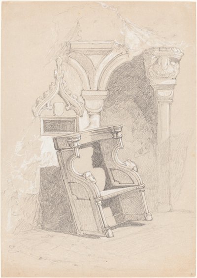Náčrt interiéru zničeného kostela s židlí od John Sell Cotman