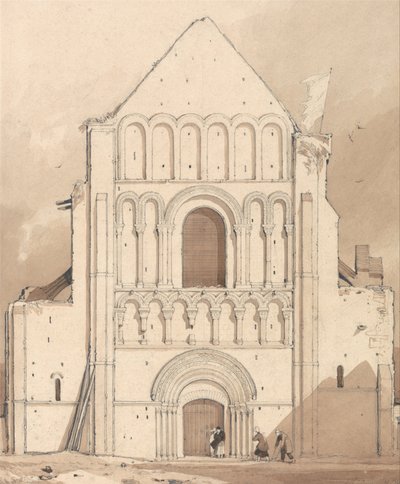 Západní průčelí kostela v Oyestrahamu [Ouistreham], poblíž Caen, Normandie od John Sell Cotman