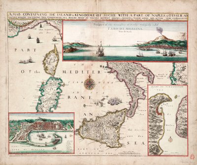Mapa s ostrovem a královstvím Sicílie, částí Neapole a dalšími přilehlými pobřežími včetně Tyrhénského moře. od John Seller