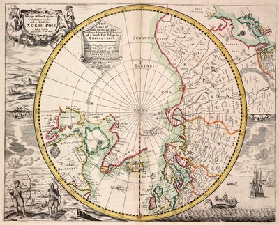 Mapa polární projekce s polárním kruhem, asi 1680 (kolorovaná rytina) od John Seller