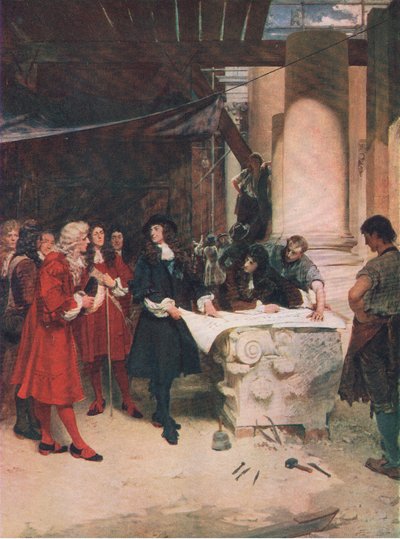 Návštěva krále Charlese ve Wren během budovy St Pauls, ilustrace z Historie britského lidu vydané nakladatelstvím Waverley, kolem roku 1940 (litho) od John Seymour Lucas