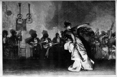 El Jaleo - Cikánské tance. Kytaristé a tanečnice flamenca. Rytina podle obrazu Johna Singera Sargenta (1856-1925) v „The Illustrous World““ č. 1335 z 28. října od John Singer (after) Sargent