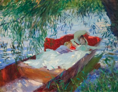 Dáma s dítětem spí v pontonu pod vrbou od John Singer Sargent