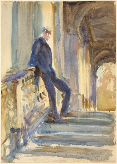 Sir Neville Wilkinson na schodech Palladian Bridge ve Wilton House, 1904-5 (akvarel přes grafit na tkaném papíře) od John Singer Sargent