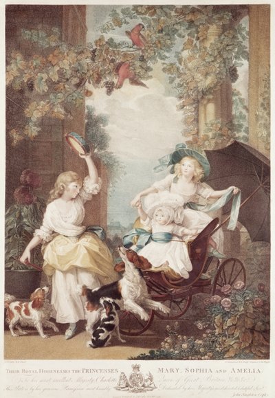 Princezny Marie (1776-1857), Sofie (1777-1848) a Amelie (1783-1810), dcery Jiřího III., rytina Francesca Bartolozziho (1727-1815) (mezzotinta) od John Singleton Copley