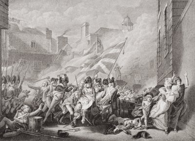 Smrt majora Peirsona v St. Helier, znovu dobytí Jersey od Francouzů, 8. ledna 1781, z „Ilustrace anglické a skotské historie“ svazek II od John Singleton Copley