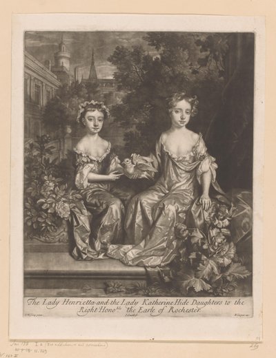 Portret van Henrietta a Katherine Hyde se setkaly s een duifem Lady Henrietta a Lady Katherine skrývají dcery hraběti z Rochesteru (název na předmětu) od John Smith