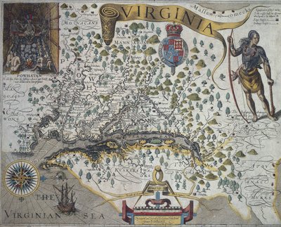 Mapa Virginie: Vložka (vlevo nahoře) zobrazující interiér chaty indického náčelníka Powhatana od Johna Smitha (1580-1631) od John Smith