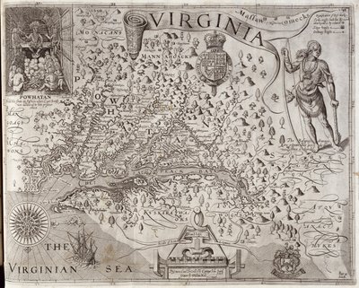 Mapa Virginie, objevená a popsaná kapitánem Johnem Smithem, 1606, vyrytá Williamem Holem (fl. 1607-24), publikována 1612 (viz také 174212) od John Smith 2