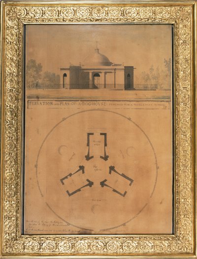 Pohled a plán psího domu, 1779 (pero, inkoust a wc na papíře) od John Soane