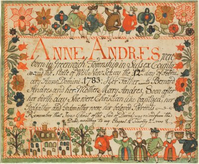 Rodný a křestní list Anne Andres od John Spangenberg