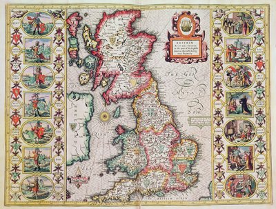 Británie, jak byla rozhodnuta v době anglických Sasů, zejména během jejich heptarchie (ručně kolorovaná mědirytina) od John Speed