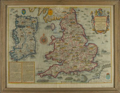 Mapa zobrazující invaze Anglie a Irska se všemi jejich občanskými válkami od dobytí, kolem roku 1627 (ručně kolorovaná rytina) od John Speed