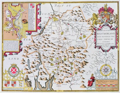 The Countie of Westmorland, rytý Jodocus Hondius (1563-1612) z John Speeds Theatre of the Empire of Great Britain, pub. John Sudbury a George Humble, 1611-12 (ručně kolorovaná měděná engra od John Speed