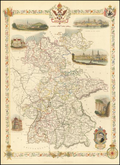Mapa Německa z roku 1851 od John Tallis